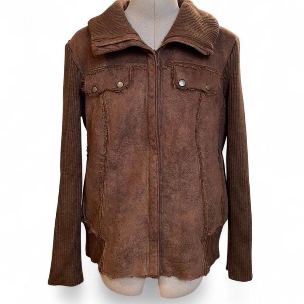 Y2K Next brown suede and ribbed zip-up jacket with zipper in Size euro 44